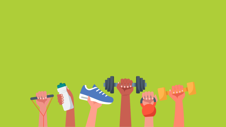 Illustration of hands holding sports equipment on green background