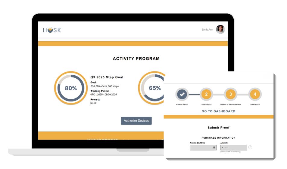 HUSK Rewards activity tracking screenshot